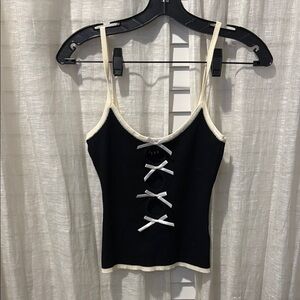 Black and White Ribbed Tank Top with Bow Accents